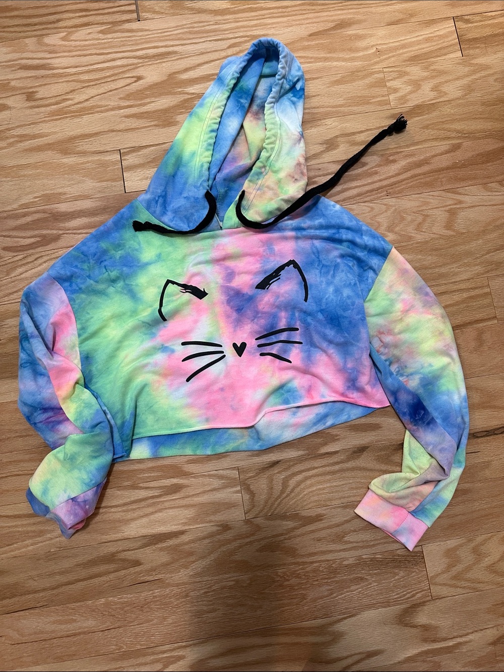Tie-Dye Cat Face Cropped Hoodie - Multicolor